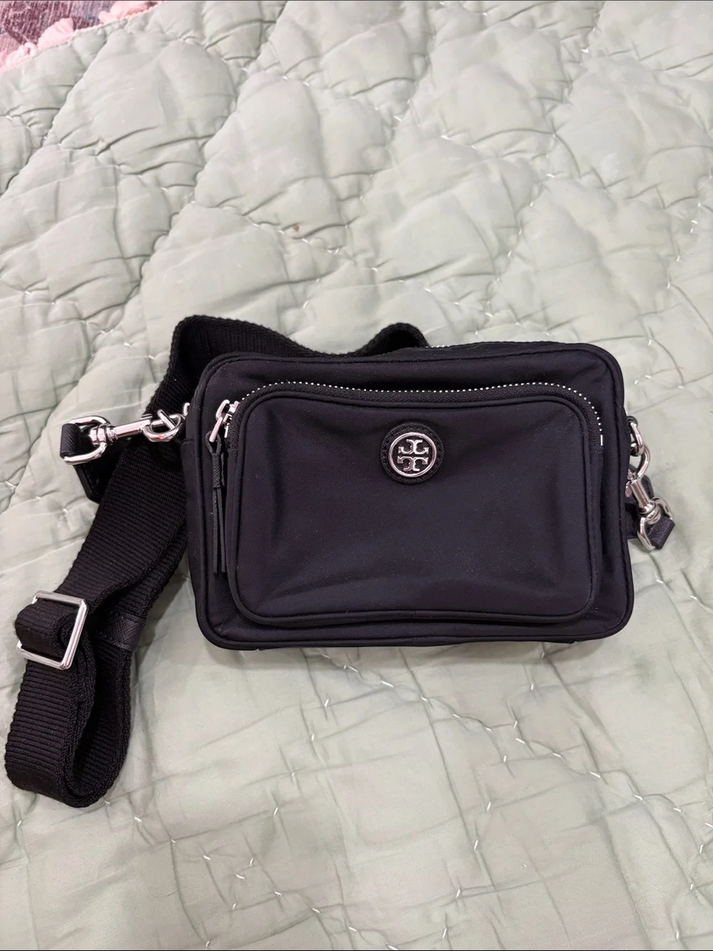 Tory Burch Black Nylon Belt/Crossbody Camera Bag with Silver Hardware